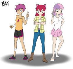 Size: 3696x3511 | Tagged: safe, artist:banquo0, character:apple bloom, character:scootaloo, character:sweetie belle, species:human, species:pegasus, species:pony, boots, bow, clothing, cutie mark crusaders, female, humanized, mary janes, miniskirt, pleated skirt, shirt, shoes, shorts, simple background, skirt, tank top, transparent background