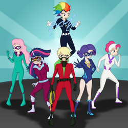 Size: 3500x3500 | Tagged: safe, artist:banquo0, character:applejack, character:fili-second, character:fluttershy, character:masked matter-horn, character:mistress marevelous, character:pinkie pie, character:radiance, character:rainbow dash, character:rarity, character:saddle rager, character:twilight sparkle, character:zapp, species:human, episode:power ponies, g4, my little pony: friendship is magic, group, humanized, mane six, superhero