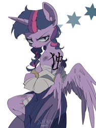 Size: 1300x1720 | Tagged: safe, artist:potetecyu_to, character:twilight sparkle, character:twilight sparkle (alicorn), species:alicorn, species:pony, female, glare, looking at you, semi-anthro, simple background, solo, white background
