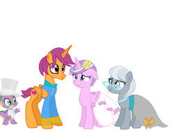 Size: 1024x768 | Tagged: safe, artist:turnaboutart, base used, character:diamond tiara, character:scootaloo, character:silver spoon, character:spike, species:alicorn, species:dragon, species:earth pony, species:pegasus, species:pony, alicornified, bride, clothing, dress, female, flower, flower in hair, glasses, half r63 shipping, hat, jewelry, male, mare, marriage, necklace, older, older diamond tiara, older scootaloo, older silver spoon, pearl necklace, race swap, rule 63, scootacorn, scooteroll, scootertiara, scootiara, shipping, stallion, straight, suit, tiaracorn, top hat, wedding, wedding dress
