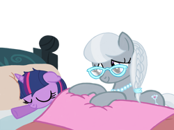 Size: 1024x768 | Tagged: safe, artist:turnaboutart, character:silver spoon, character:twilight sparkle, character:twilight sparkle (alicorn), species:alicorn, species:pony, age progression, age regression, alternate hairstyle, bed, blanket, female, filly, filly twilight sparkle, foal, foalsitter, foalsitting, freckles, glasses, jewelry, mare, necklace, older, older silver spoon, pearl necklace, sleeping, younger