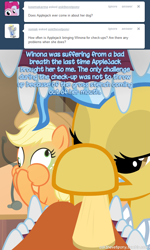 Size: 600x998 | Tagged: safe, artist:adiwan, character:applejack, character:doctor fauna, character:winona, ask, ask the vet pony, bad breath, breath, derp, imminent vomiting, nauseous, tumblr, vet