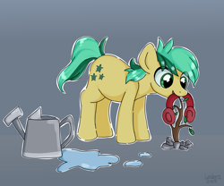 Size: 2400x2000 | Tagged: safe, artist:leslers, character:sandbar, species:pony, episode:uprooted, g4, my little pony: friendship is magic, cute, earmuffs, eye clipping through hair, gray background, male, mouth hold, plant, sandabetes, sapling, simple background, solo, watering can