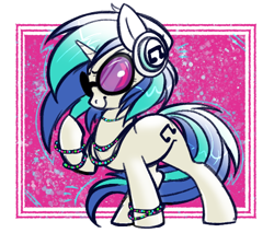 Size: 544x463 | Tagged: safe, artist:ponycide, character:dj pon-3, character:vinyl scratch, species:pony, species:unicorn, abstract background, bracelet, cute, female, headphones, jewelry, light shading, mare, necklace, smiling, smirk, solo, vinyl's glasses, vinylbetes