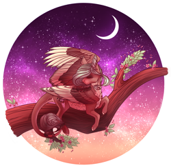 Size: 2024x1984 | Tagged: safe, artist:lunawolf28, oc, species:pegasus, species:pony, colored wings, eyes closed, female, mare, moon, multicolored wings, night, solo, tree branch
