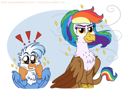 Size: 1280x939 | Tagged: safe, artist:pink-pone, oc, oc:gren, oc:rainbow feather, parent:gilda, parent:rainbow dash, parents:gildash, species:griffon, species:hippogriff, brother and sister, cute, female, interspecies offspring, magical lesbian spawn, male, next generation, offspring, siblings, sparkles, windswept mane