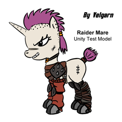 Size: 800x800 | Tagged: safe, artist:velgarn, species:pony, species:unicorn, fallout equestria, armor, belt buckle, belts, blank flank, female, knee pads, mare, piercing, raider, raider armor, scar, shoulder pads, simple background, solo