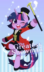 Size: 1148x1852 | Tagged: safe, artist:potetecyu_to, character:twilight sparkle, species:pony, female, mare, one eye closed, ponified, solo, the greatest showman, wand, wink