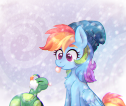 Size: 1500x1264 | Tagged: safe, artist:jumblehorse, artist:pink-pone, character:rainbow dash, character:tank, species:pegasus, species:pony, catching snowflakes, chest fluff, chromatic aberration, clothing, collaboration, colored pupils, cute, dashabetes, duo, earmuffs, eyes closed, female, hat, mare, snow, tankabetes, tongue out, tortoise, wing fluff, winter