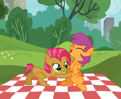 Size: 1024x837 | Tagged: safe, artist:turnaboutart, character:babs seed, character:scootaloo, species:earth pony, species:pegasus, species:pony, babscoot, colt, eyes closed, female, filly, freckles, half r63 shipping, laughing, male, manehattan, picnic blanket, rule 63, scooteroll, scooterseed, shipping, straight, tickling