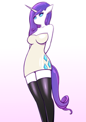Size: 1929x2724 | Tagged: safe, artist:sigpi, character:rarity, species:anthro, species:pony, species:unicorn, clothing, dress, female, looking at you, mare, shoulderless, solo, stockings, thigh highs