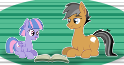 Size: 3397x1778 | Tagged: safe, artist:banquo0, character:quibble pants, character:wind sprint, species:earth pony, species:pegasus, species:pony, episode:common ground, g4, my little pony: friendship is magic, bonding, book, cute, duo, family, father and daughter, female, filly, foal, green background, male, prone, simple background, sitting, stallion