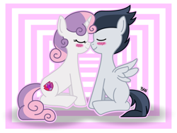 Size: 2969x2227 | Tagged: safe, artist:banquo0, character:rumble, character:sweetie belle, species:pegasus, species:pony, species:unicorn, ship:rumbelle, abstract background, colt, cute, cutie mark, female, filly, male, nuzzling, shipping, straight, the cmc's cutie marks