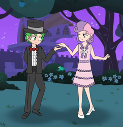 Size: 1620x1676 | Tagged: safe, artist:banquo0, character:spike, character:sweetie belle, species:human, ship:spikebelle, episode:a canterlot wedding, g4, my little pony: friendship is magic, clothing, dress, female, flower girl, flower girl dress, full body, hat, human spike, humanized, male, marriage, shipping, straight, suit, top hat, tuxedo, waltz, wedding