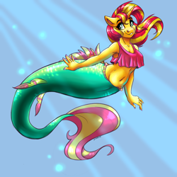 Size: 2436x2436 | Tagged: safe, artist:faline-art, character:sunset shimmer, species:anthro, species:unicorn, g4, my little pony:equestria girls, belly button, female, mermaid, mermaidized, midriff, not fiery shimmer, smiling, solo, species swap, underwater