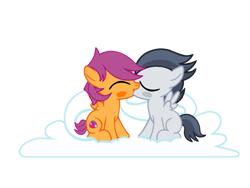 Size: 1024x768 | Tagged: safe, artist:turnaboutart, character:rumble, character:scootaloo, species:pegasus, species:pony, ship:rumbloo, blushing, cloud, colt, cutie mark, gay, half r63 shipping, kissing, male, rule 63, rumblroll, scooteroll, shipping, the cmc's cutie marks