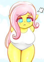 Size: 2508x3541 | Tagged: safe, artist:sigpi, character:fluttershy, species:anthro, adorasexy, angry, big breasts, breasts, busty fluttershy, clothing, cute, eyebrows, eyebrows visible through hair, female, looking at you, madorable, no pupils, one-piece swimsuit, sexy, shyabetes, solo, swimsuit