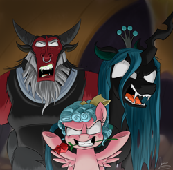 Size: 2591x2549 | Tagged: safe, artist:oinktweetstudios, character:cozy glow, character:lord tirek, character:queen chrysalis, species:centaur, species:changeling, species:pony, episode:frenemies, g4, my little pony: friendship is magic, changeling queen, cozy glow is best facemaker, crazy glow, empty eyes, female, filly, flower, flower in mouth, foal, insanity, mouth hold, quadrupedal, rose, smiling, white eyes