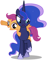 Size: 3883x5000 | Tagged: safe, artist:zutheskunk traces, character:princess luna, character:scootaloo, species:pegasus, species:pony, ponies riding ponies, raised hoof, simple background, transparent background, vector, vector trace