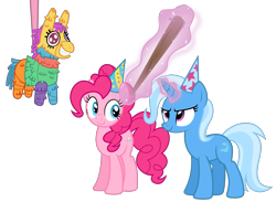 Size: 2603x1910 | Tagged: safe, artist:kingdark0001, character:pinkie pie, character:trixie, species:bat, species:pony, clothing, hat, levitation, magic, party hat, piñata, simple background, telekinesis, transparent background