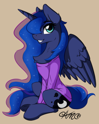 Size: 988x1244 | Tagged: safe, artist:arjinmoon, character:princess luna, species:alicorn, species:pony, chest fluff, clothing, cute, ear fluff, female, hair over one eye, horn, leg fluff, looking at you, lunabetes, mare, profile, shirt, sitting, smiling, solo, spread wings, tan background, underhoof, wings
