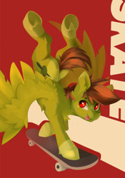 Size: 750x1070 | Tagged: safe, artist:tangomangoes, oc, oc only, oc:olive hue, species:pegasus, species:pony, abstract background, backbend, flexible, male, skateboard, solo, tongue out, underhoof