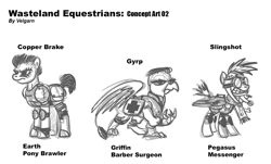 Size: 1280x773 | Tagged: safe, artist:velgarn, oc, oc only, species:earth pony, species:griffon, species:pegasus, species:pony, fallout equestria, armor, aviator goggles, aviator hat, battle saddle, brawler, clothing, eye black (makeup), face paint, female, first aid kit, football, goggles, gun, hat, horseshoes, knee pads, leather vest, male, mare, messenger, reinforced claw, rifle, scarf, simple background, speed freak, sportive gear, sports, unpronounceable name, wasteland equestrians, weapon