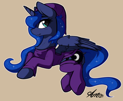 Size: 1032x849 | Tagged: safe, artist:arjinmoon, character:princess luna, species:alicorn, species:pony, chest fluff, clothing, cuddly, cute, female, horn, lunabetes, mare, on side, solo, tan background, wings