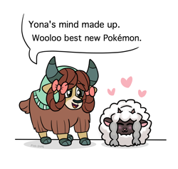 Size: 1000x950 | Tagged: safe, artist:pink-pone, character:yona, species:yak, bow, cloven hooves, crossover, cute, dialogue, duo, female, hair bow, heart, monkey swings, pokemon sword and shield, pokémon, simple background, speech bubble, white background, wooloo, yonadorable