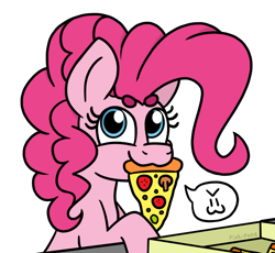 Size: 860x790 | Tagged: safe, artist:pink-pone, character:pinkie pie, species:earth pony, species:pony, :3, >:3, beanbrows, cute, dialogue, diapinkes, eyebrows, female, food, meat, mouth hold, mushroom, pepperoni, pepperoni pizza, pictogram, pizza, ponies eating meat, simple background, solo, speech bubble, white background