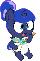 Size: 522x807 | Tagged: safe, artist:megarainbowdash2000, character:princess luna, species:pony, episode:between dark and dawn, g4, my little pony: friendship is magic, age regression, baby, baby pony, banjo, cute, diaper, female, filly, foal, musical instrument, simple background, transparent background, woona, younger