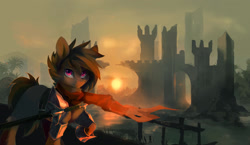 Size: 1280x743 | Tagged: safe, artist:tangomangoes, oc, oc only, species:earth pony, species:pony, castle, clothing, male, raised hoof, ruins, scabbard, scarf, scenery, solo, sword, weapon