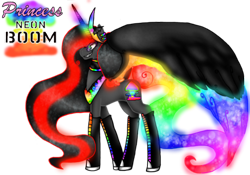 Size: 500x349 | Tagged: safe, artist:nekomellow, oc, oc only, oc:princess neon boom, species:alicorn, species:pony, alicorn oc, colored horn, colored wings, donut steel, ethereal mane, female, jewelry, mare, multicolored wings, neon, neon pony, original species, rainbow tail, rainbow wings, regalia, simple background, solo, transparent background