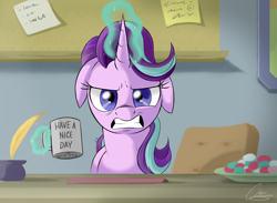 Size: 3856x2816 | Tagged: safe, artist:oinktweetstudios, character:starlight glimmer, species:pony, species:unicorn, angry, female, floppy ears, glowing horn, guidance counselor, have a nice day, horn, middle finger, mug, solo, starlight is not amused, starlight's office, unamused, vulgar