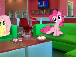 Size: 2048x1536 | Tagged: safe, artist:tokkazutara1164, character:fluttershy, character:pinkie pie, chair, ponies in real life, sitting, sweets, television, vector