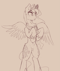 Size: 1319x1554 | Tagged: safe, artist:arjinmoon, derpibooru original, edit, character:princess luna, species:alicorn, species:pony, belly button, bipedal, chest fluff, crown, cute, eye clipping through hair, female, hoof shoes, jewelry, lineart, lunabetes, mare, monochrome, nudity, open mouth, peytral, pubic fluff, regalia, simple background, sketch, solo, spread wings, standing, wings