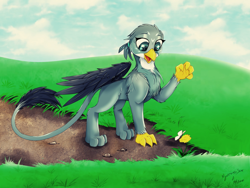 Size: 2000x1500 | Tagged: safe, artist:mmeloman, artist:mysteriousshine, character:gabby, species:griffon, butterfly, catbird, chest fluff, cloud, collaboration, cute, eyes on the prize, female, field, gabbybetes, signature, sky