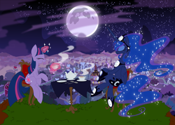 Size: 7685x5471 | Tagged: safe, artist:skutchi, character:princess luna, character:twilight sparkle, absurd resolution, happy, moon, night, ponyville, tea, tea party