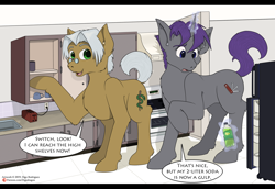 Size: 1280x881 | Tagged: safe, artist:digoraccoon, oc, oc only, oc:doc wagon, oc:switchblade, species:earth pony, species:pony, species:unicorn, bottle, dialogue, giant pony, glasses, kitchen, macro, macro/micro, open mouth, raised hoof, size difference, speech bubble