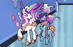 Size: 2550x1650 | Tagged: source needed, useless source url, safe, artist:bico-kun, character:bowtie (g1), character:bowtie (g3), character:princess cadance, character:shining armor, species:alicorn, species:crystal pony, species:pony, alicornified, ambiguous gender, crystal empire, ear fluff, ethereal mane, fusion, future, intersex, levitation, magic, prince shining armor, race swap, tablet, telekinesis, ultimate cadance