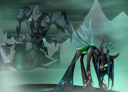 Size: 1280x922 | Tagged: safe, artist:mysteriousshine, character:queen chrysalis, species:changeling, species:pony, changeling queen, crown, evil lair, fangs, female, fog, grogar's lair, holes, horn, jewelry, lair, mare, mountain, regalia, ruins, solo, wings