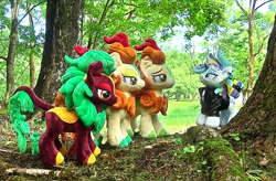 Size: 1801x1184 | Tagged: safe, artist:hihin1993, character:autumn blaze, character:cinder glow, character:rarity, character:summer flare, species:kirin, alternate hairstyle, forest, irl, japan, photo, plushie, punk, punkity, tree