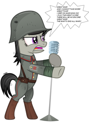 Size: 789x1080 | Tagged: safe, artist:a4r91n, edit, character:octavia melody, species:earth pony, species:pony, bipedal, clothing, female, german, great war (sabaton), hooves, kriegtavia, lyrics, mare, metal, microphone, open mouth, puttees, sabaton, simple background, singing, solo, stahlhelm, text, uniform, white background, world war i