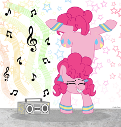 Size: 1760x1850 | Tagged: safe, artist:pink-pone, character:pinkie pie, species:earth pony, species:pony, newbie artist training grounds, abstract background, atg 2019, boombox, breakdancing, female, handstand, leg warmers, music notes, solo, stars, upside down