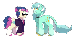 Size: 1280x640 | Tagged: safe, artist:itstechtock, character:bon bon, character:lyra heartstrings, character:sweetie drops, species:pony, bon bond, bow tie, simple background, sunglasses, transparent background