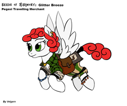 Size: 1000x838 | Tagged: safe, artist:velgarn, oc, oc only, species:pegasus, species:pony, adventurer, anklet, armor, cutie mark holder, female, flying, jewelry, mare, necklace, rpg, saddle bag, seeds of harmony, simple background, solo, tabletop gaming