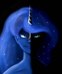 Size: 900x1064 | Tagged: safe, artist:kira-minami, character:nightmare moon, character:princess luna, species:human, black background, bust, duality, female, humanized, looking at you, pony coloring, portrait, simple background, solo
