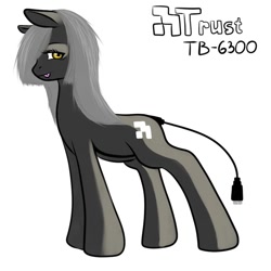 Size: 900x900 | Tagged: safe, artist:kira-minami, oc, oc only, species:earth pony, species:pony, aside glance, female, hair over one eye, looking at you, looking sideways, mare, object pony, original species, ponified, power cord, simple background, solo, tablet, tongue out, white background