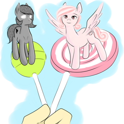 Size: 2000x2000 | Tagged: safe, artist:kira-minami, oc, oc only, species:earth pony, species:human, species:pegasus, species:pony, candy, female, food, glowing eyes, lollipop, looking at you, mare, offscreen character, pov, spread wings, tiny, tiny ponies, wings
