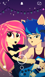 Size: 616x1055 | Tagged: safe, artist:galacticflashd, oc, oc:dylan rapid, oc:styler selvano, species:human, my little pony:equestria girls, alternate hairstyle, duo, female, guitar, makeup, male, oc x oc, selfie, shipping, snapchat, straight